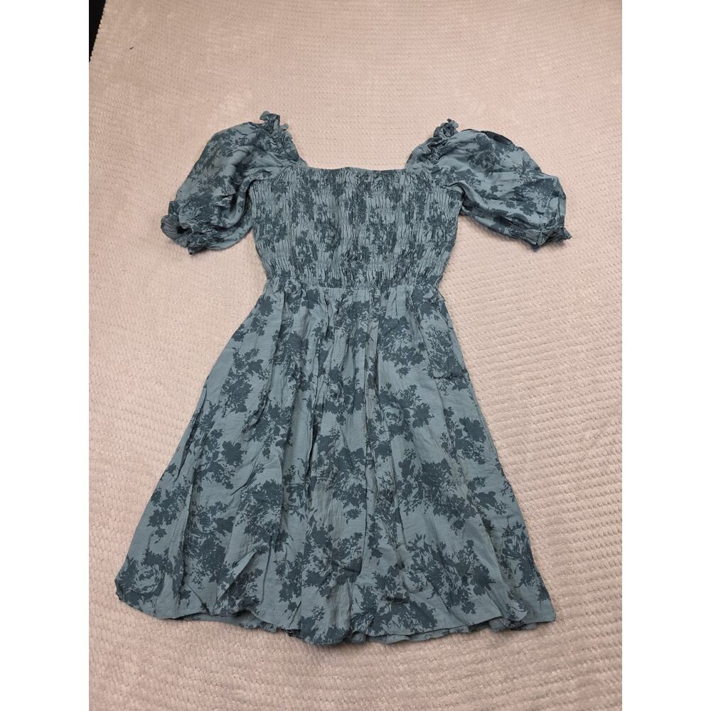 Gal Meets Glam Dress Womens 2 Blue Floral Print Puff Sleeve Square Neck